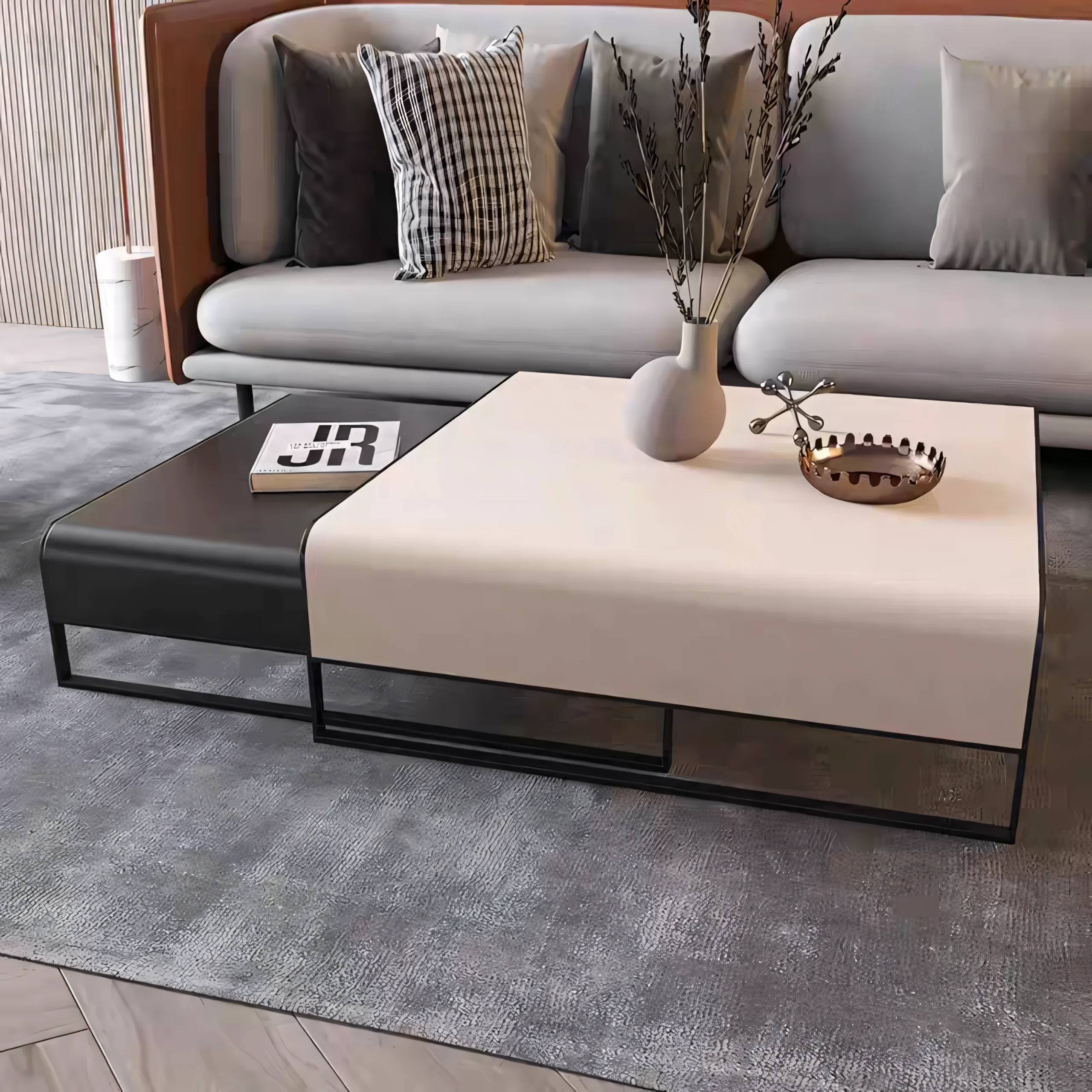 Modern Nesting Coffee Table Set - Square Microfiber Leather Surface with Black Steel Base - Image 6