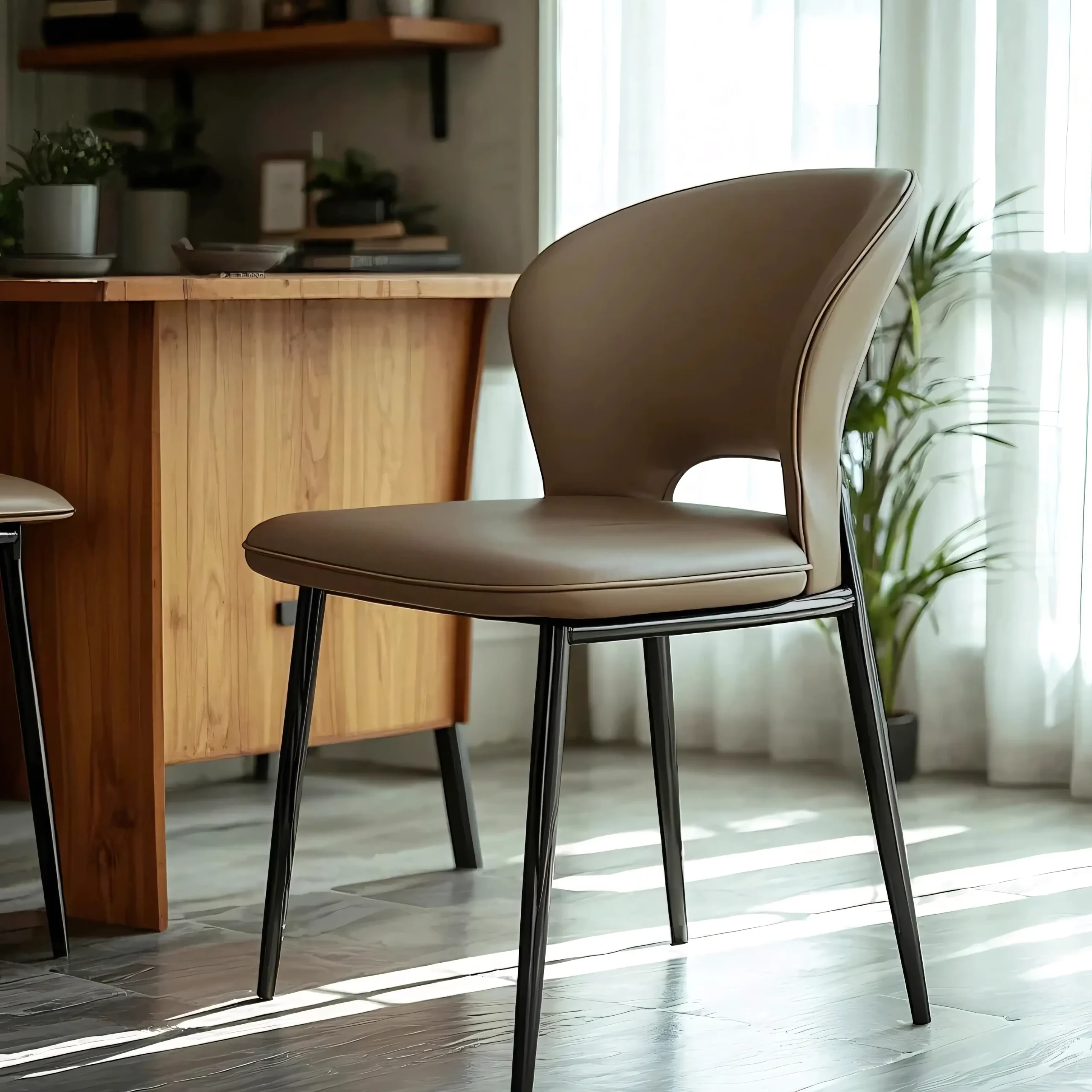Modern Curved Open-Back Upholstered Dining Chair with Metal Legs - Image 7