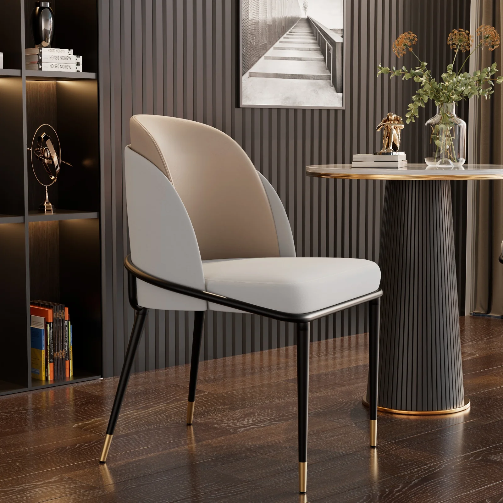 Modern Italian Light Luxury Dining Chair | Two-Tone Faux Saddle Leather with Gold-Tipped Legs - Image 3