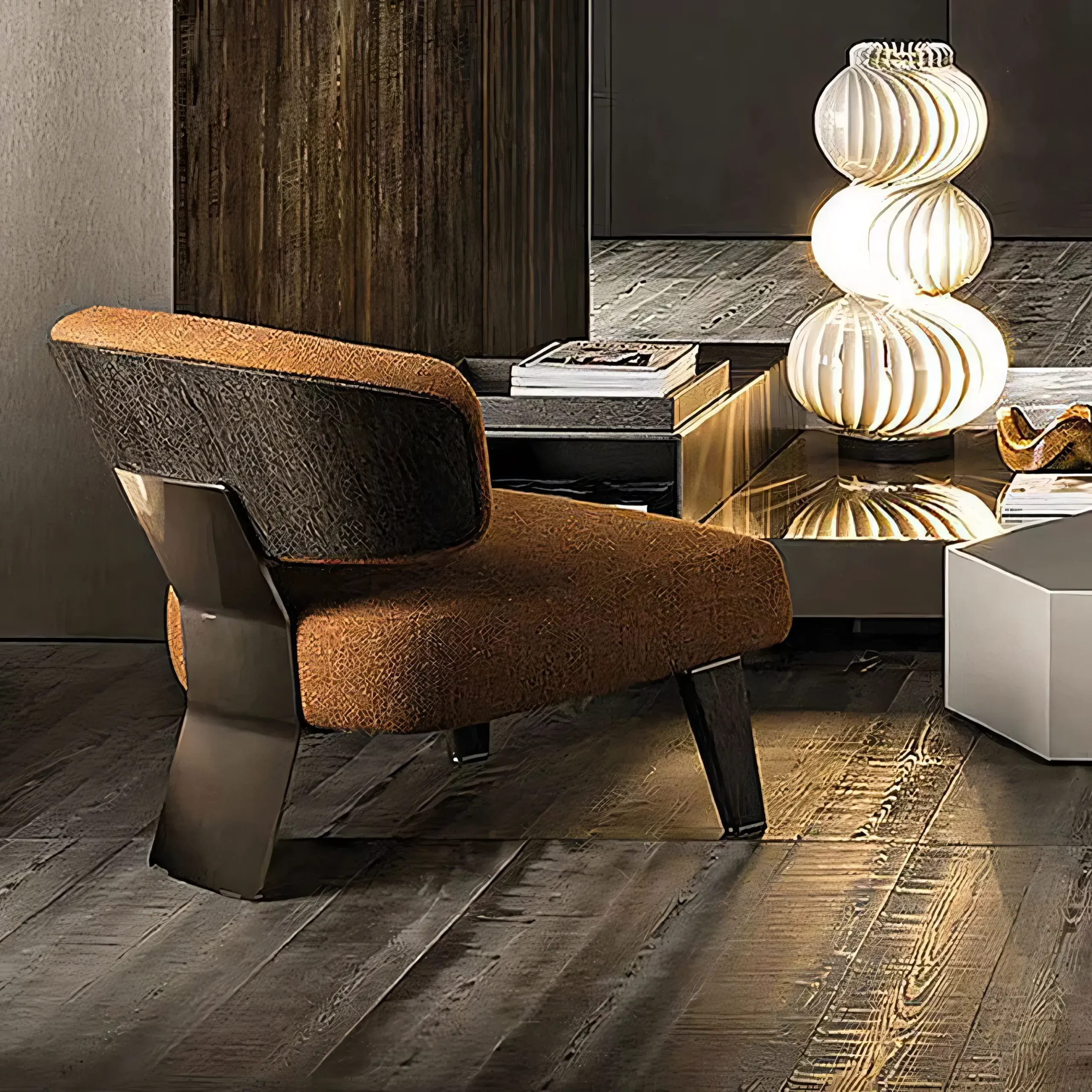 Italian Minimalist Curved Lounge Chair with Bronze Metal Back - Image 3