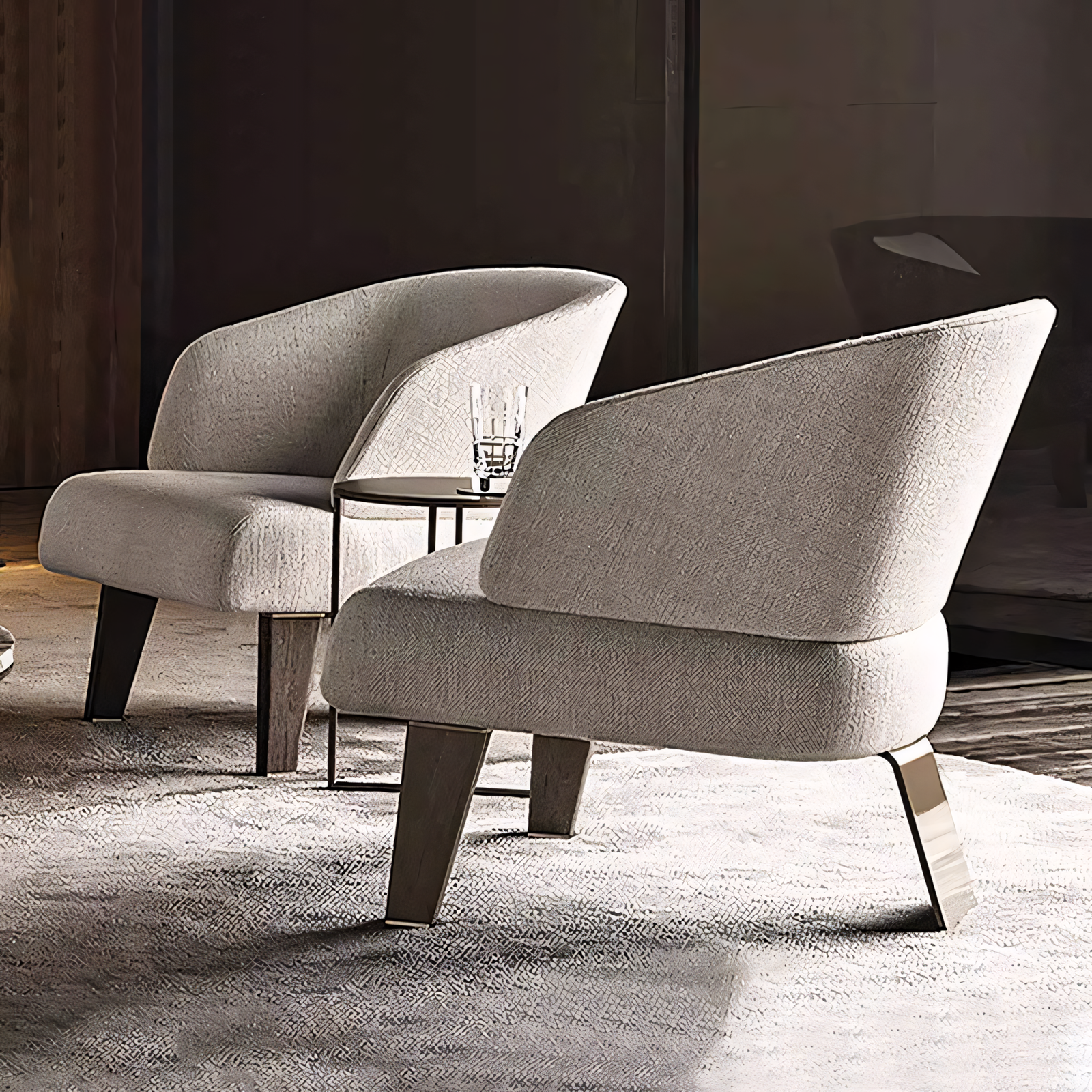 Italian Minimalist Curved Lounge Chair with Bronze Metal Back - Image 4