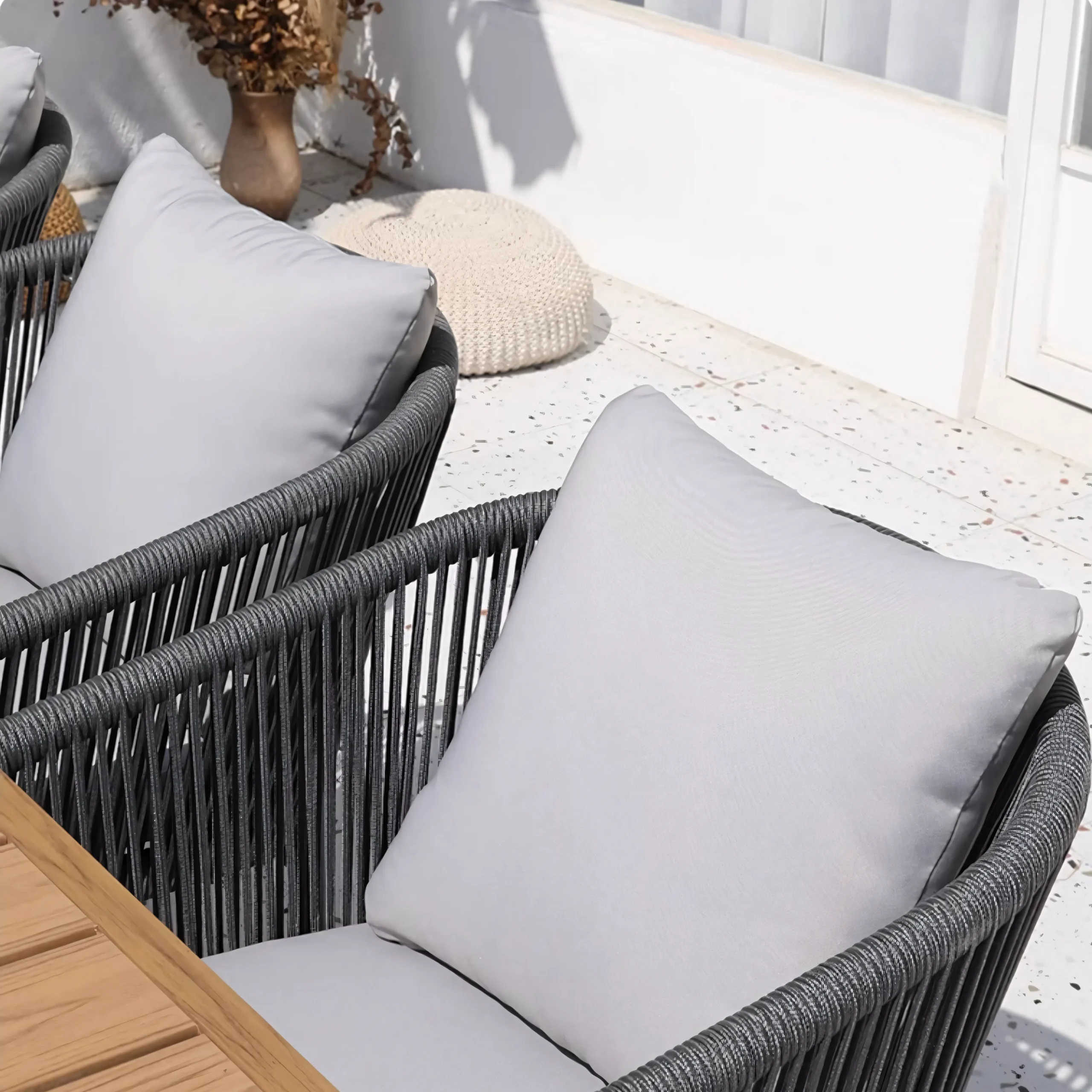Luxury Minimalist Garden Dining Suite: Dark Grey Rope Armchairs & Oval Aluminum Dining Table - Image 2