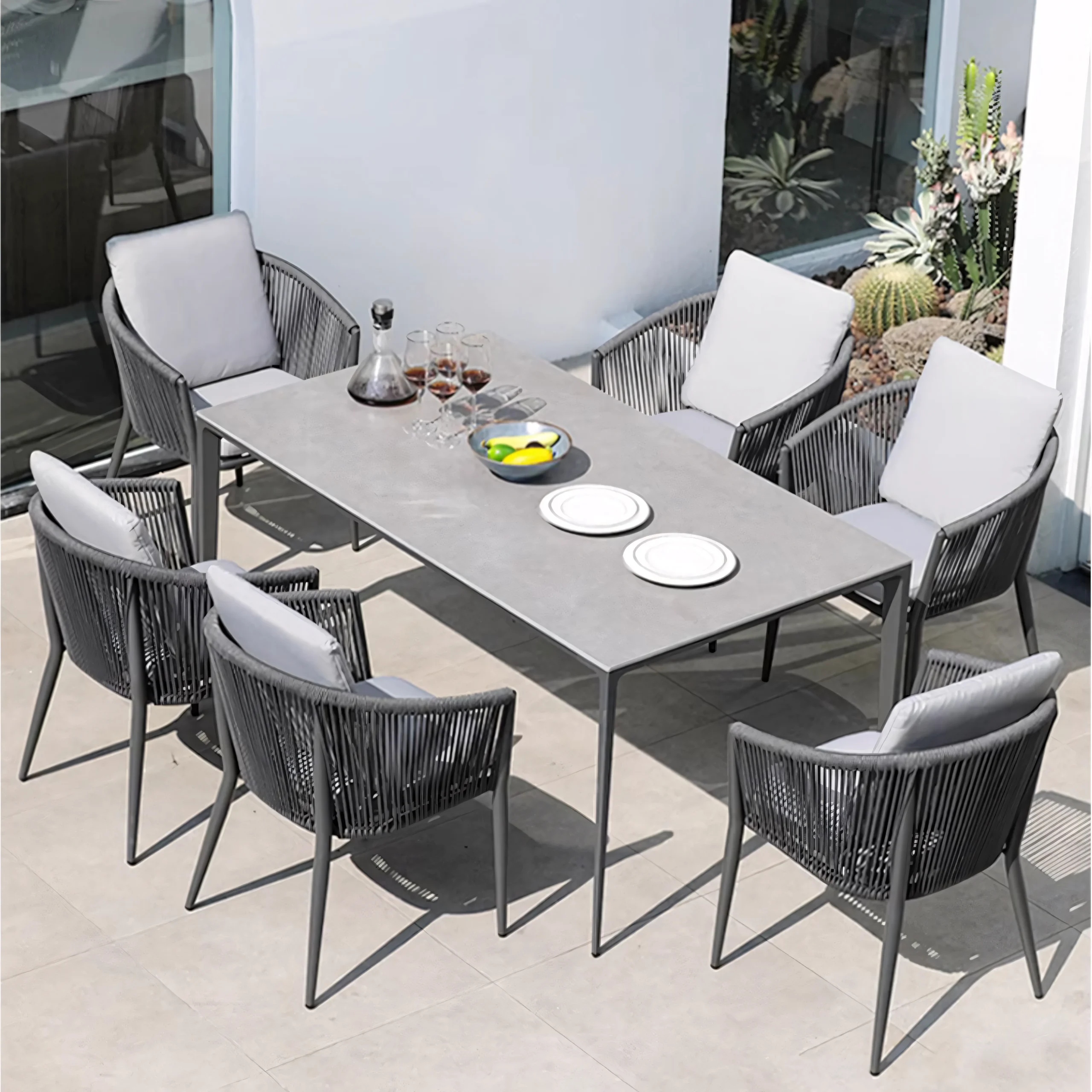 Luxury Minimalist Garden Dining Suite: Dark Grey Rope Armchairs & Oval Aluminum Dining Table - Image 4